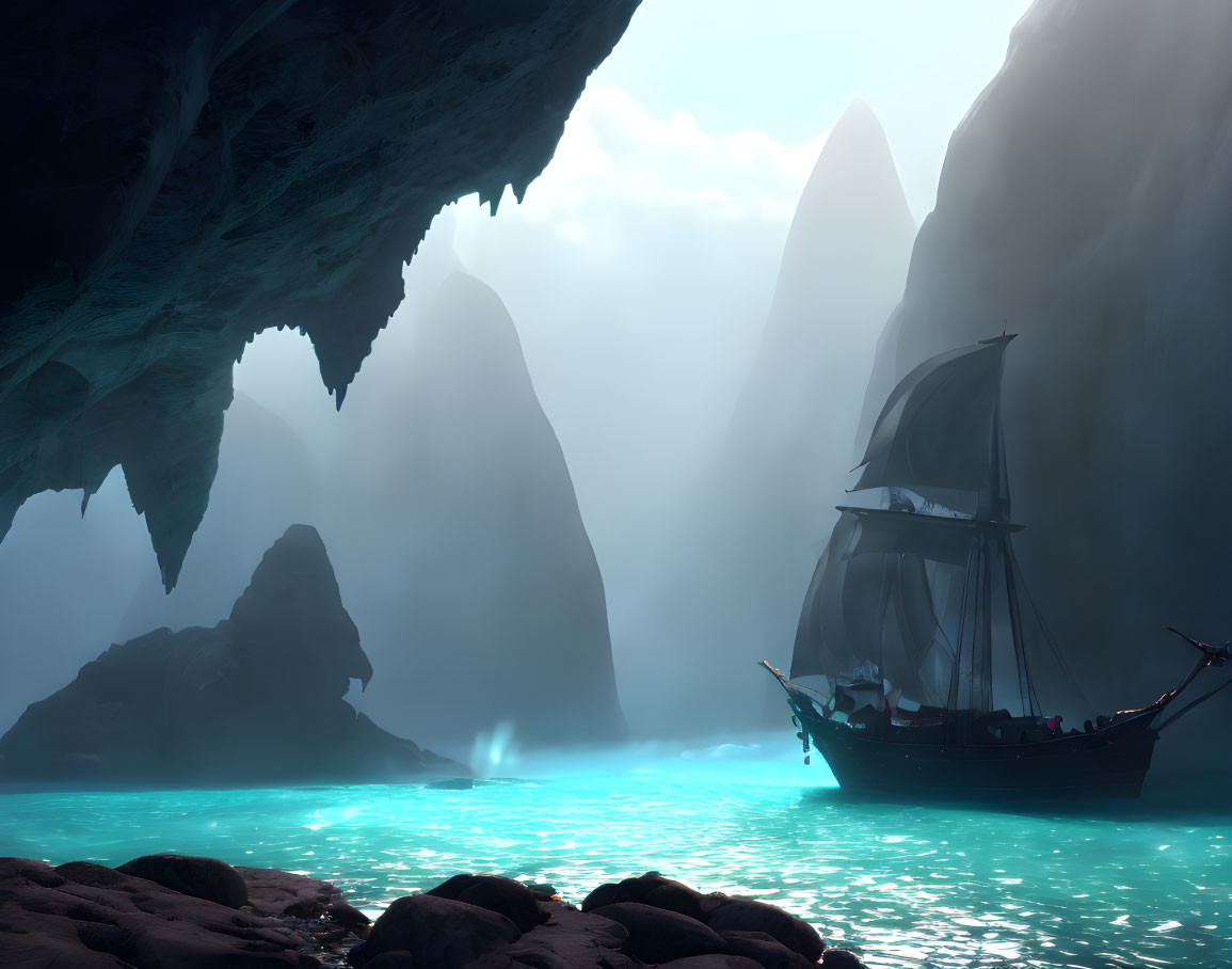 Sailboat navigating misty turquoise waters among towering rock formations