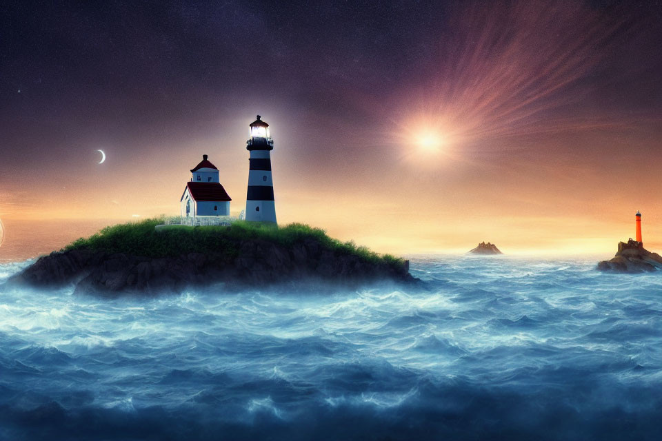 Lighthouse on Island with Glowing Beacon, Moon, and Starry Sky