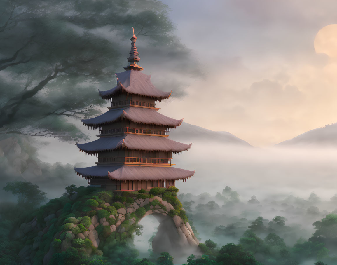 Illustration of multi-tiered pagoda on cliff in misty landscape with moon and trees