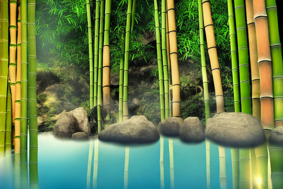 Tranquil Bamboo Forest Pond with Smooth Rocks