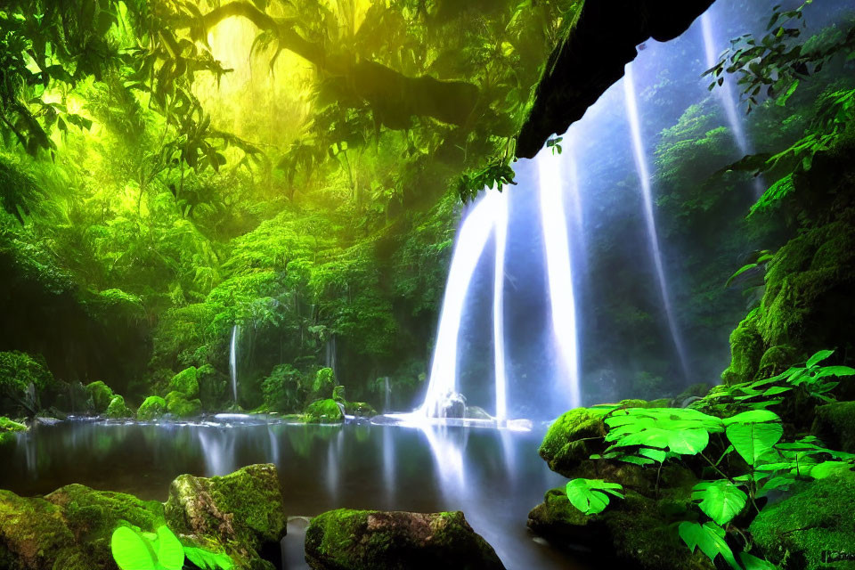 Tranquil waterfall in lush forest setting