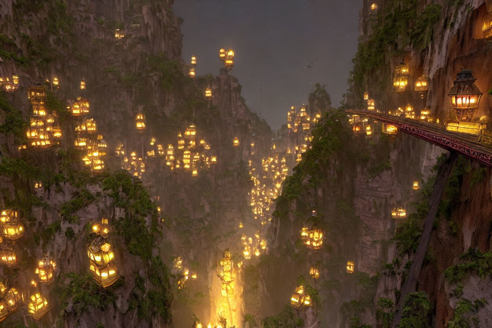 Fantasy Landscape with Illuminated Hanging Lanterns and Cliffside Paths