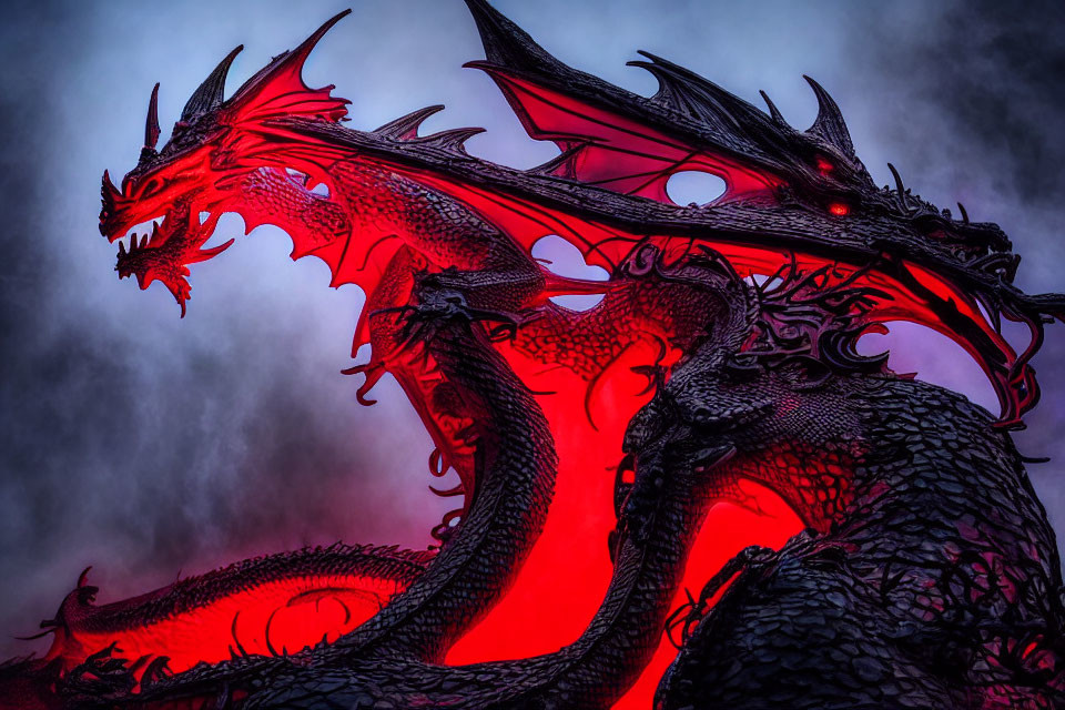 Detailed Red and Black Dragon Illustration in Swirling Mist