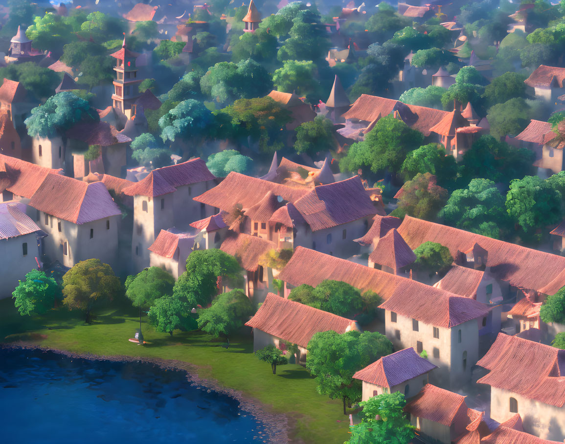 Tranquil animated village: traditional houses, red-tiled roofs, lush trees by calm lake at