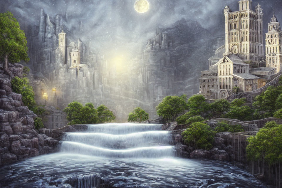 Mystical fantasy landscape with waterfall and gothic buildings at night