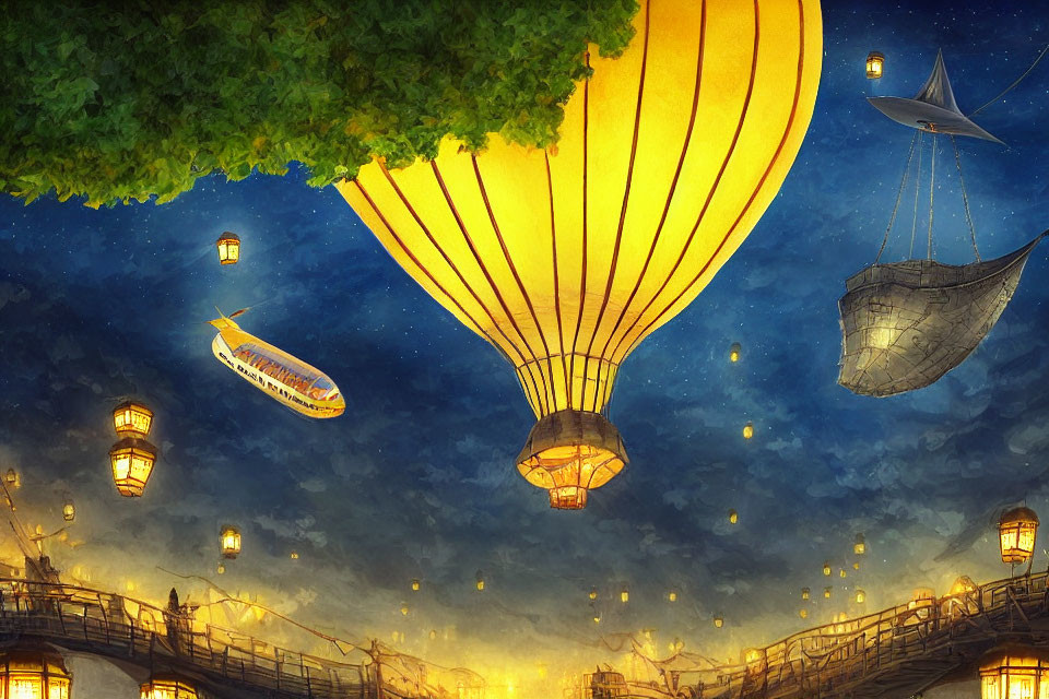 Night Sky Scene with Glowing Hot Air Balloon and Floating Ships