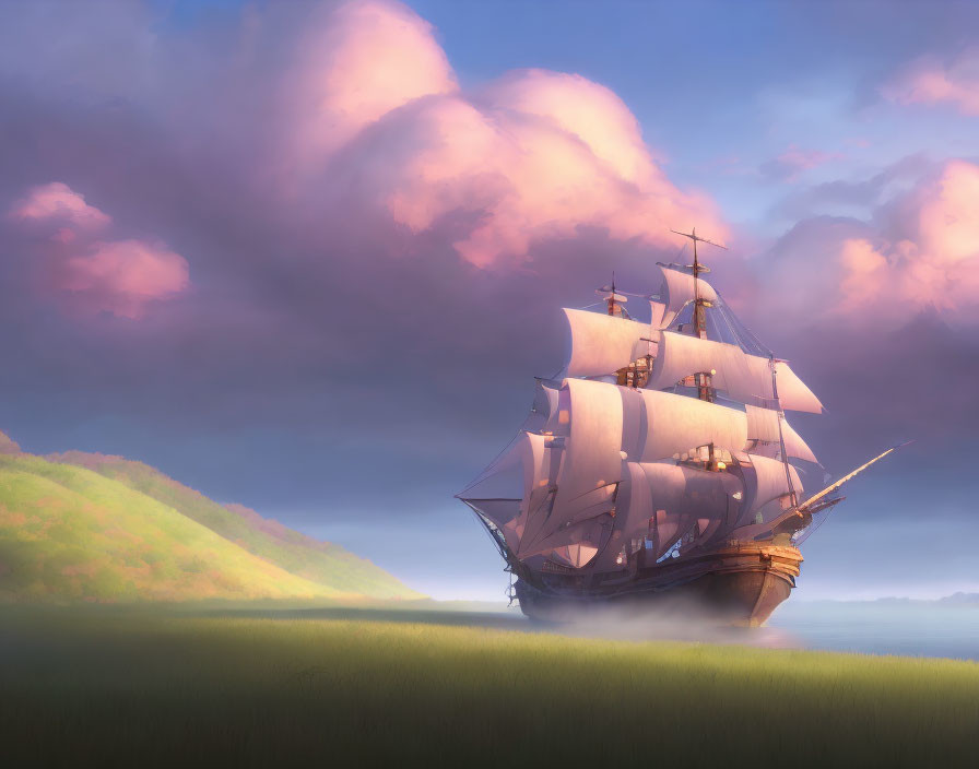 Majestic sailing ship on surreal grassy landscape with pink clouds