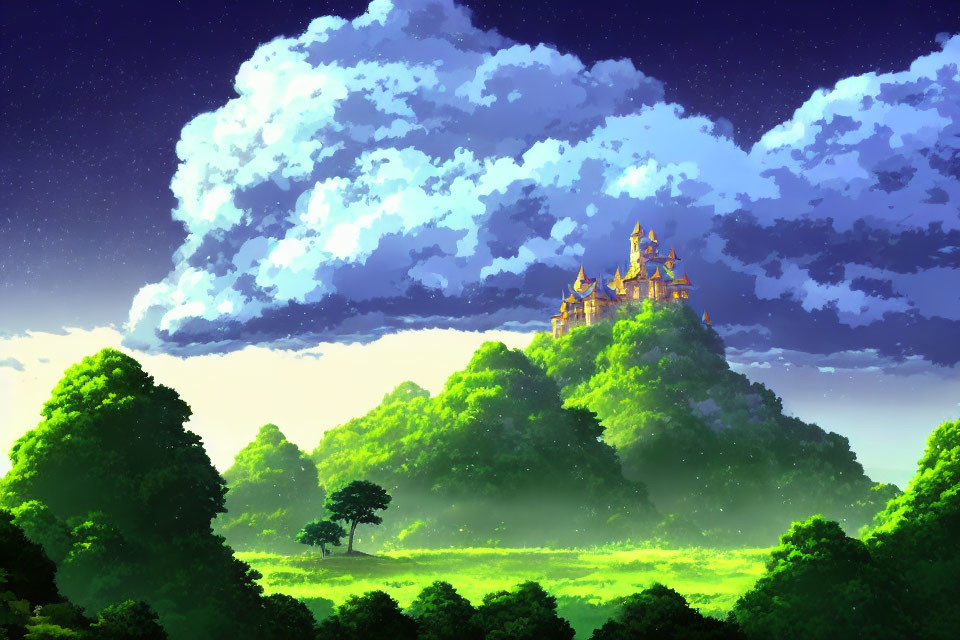 Vibrant artwork of lone tree, castle, forest, and sky