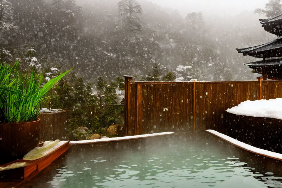 Tranquil snowfall over outdoor hot spring bath surrounded by wooden structures