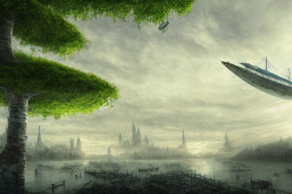 Surreal landscape with floating ships, misty waters, verdant trees, ethereal cityscape