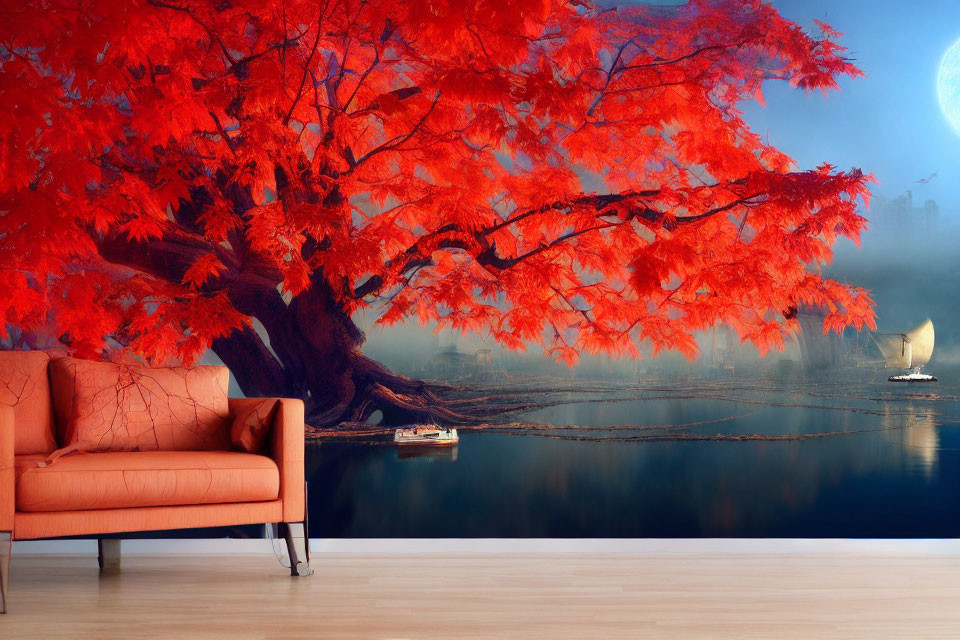 Red-Orange Couch in Room with Realistic Wall Mural of Red Maple Tree by Lake