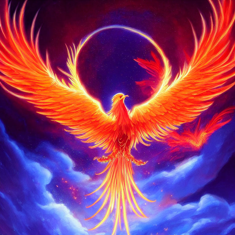 Colorful Phoenix Illustration with Fiery Wings in Dark Blue Sky