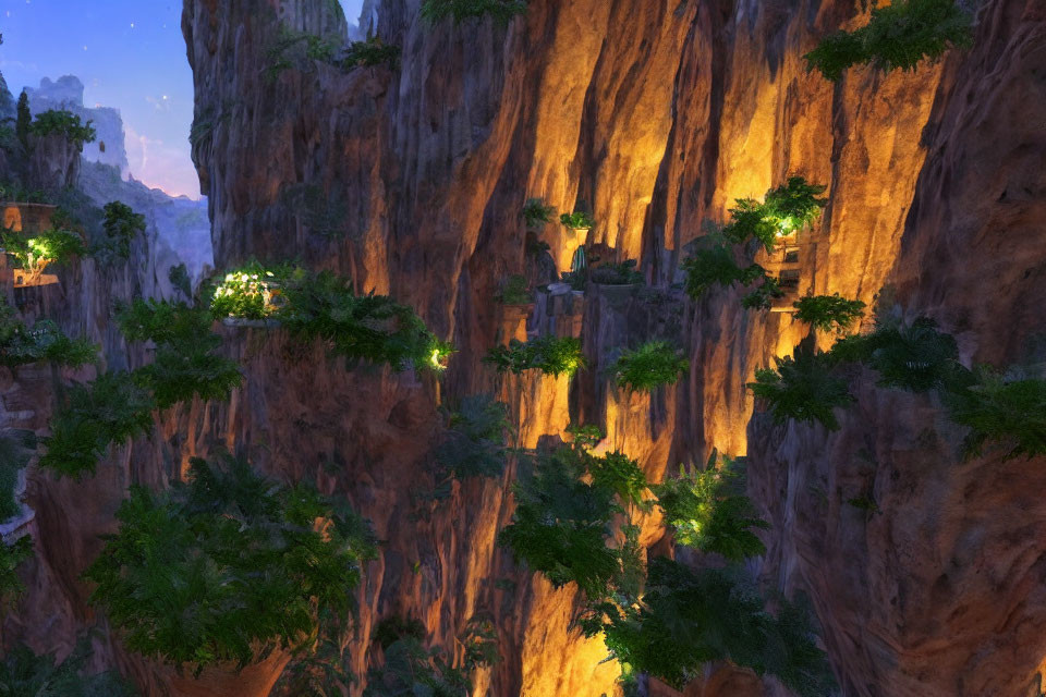 Scenic sunset view of lush greenery on towering cliff faces