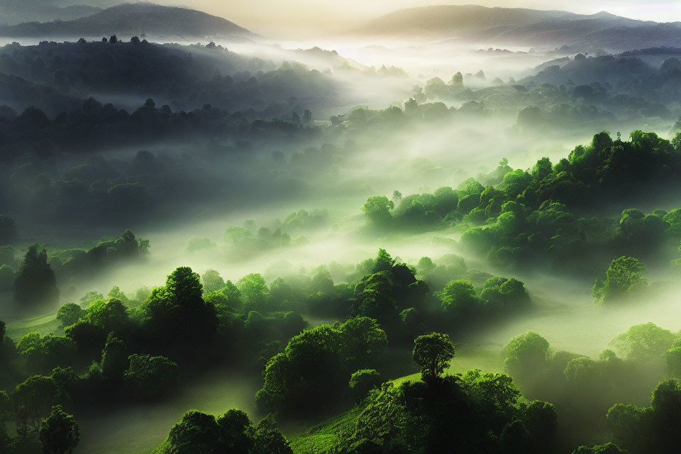 Tranquil forested landscape with mist-covered green hills