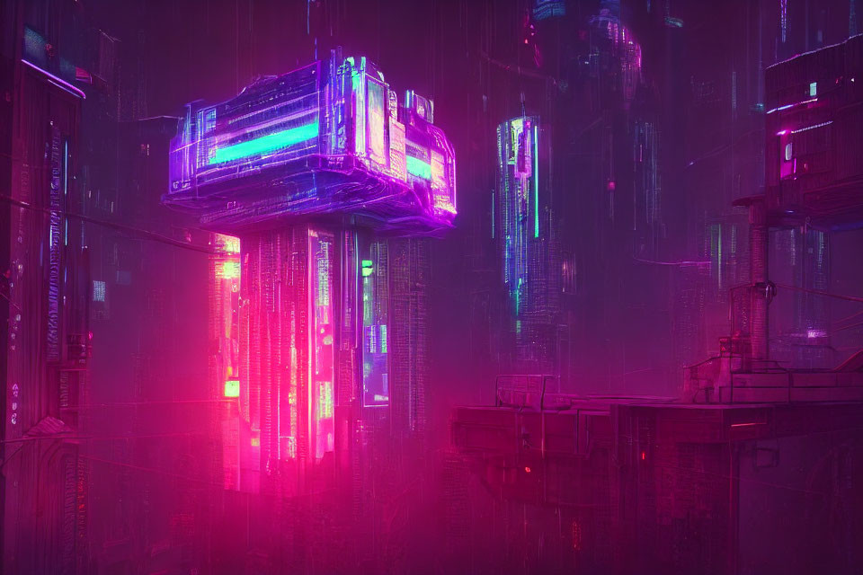 Futuristic neon-lit cityscape with towering skyscrapers at night