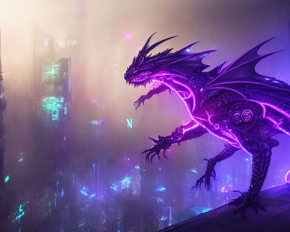 Cybernetic dragon with purple accents in neon-lit futuristic cityscape