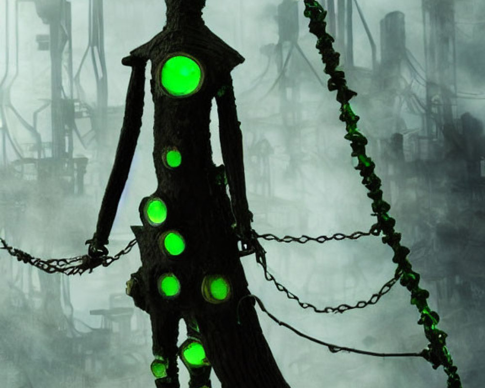 Giant figure with glowing green circles in foggy industrial setting