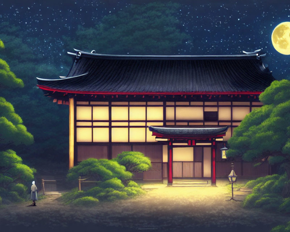 Traditional Japanese building at night with person under starry sky