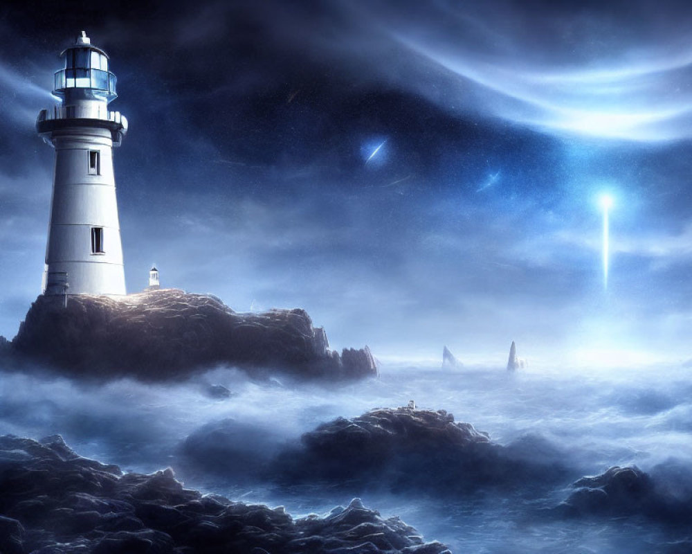 Lighthouse on rocky islet with celestial blue glow and shooting stars