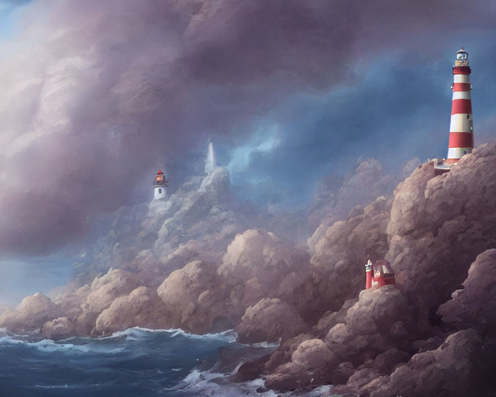 Surreal lighthouses on cloud-like rocks in stormy sea under purple sky