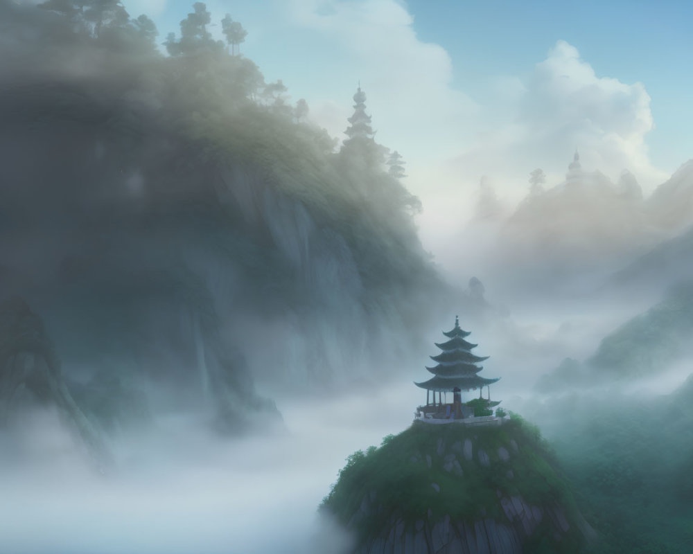 Tranquil pagoda on misty cliff amid forested mountains