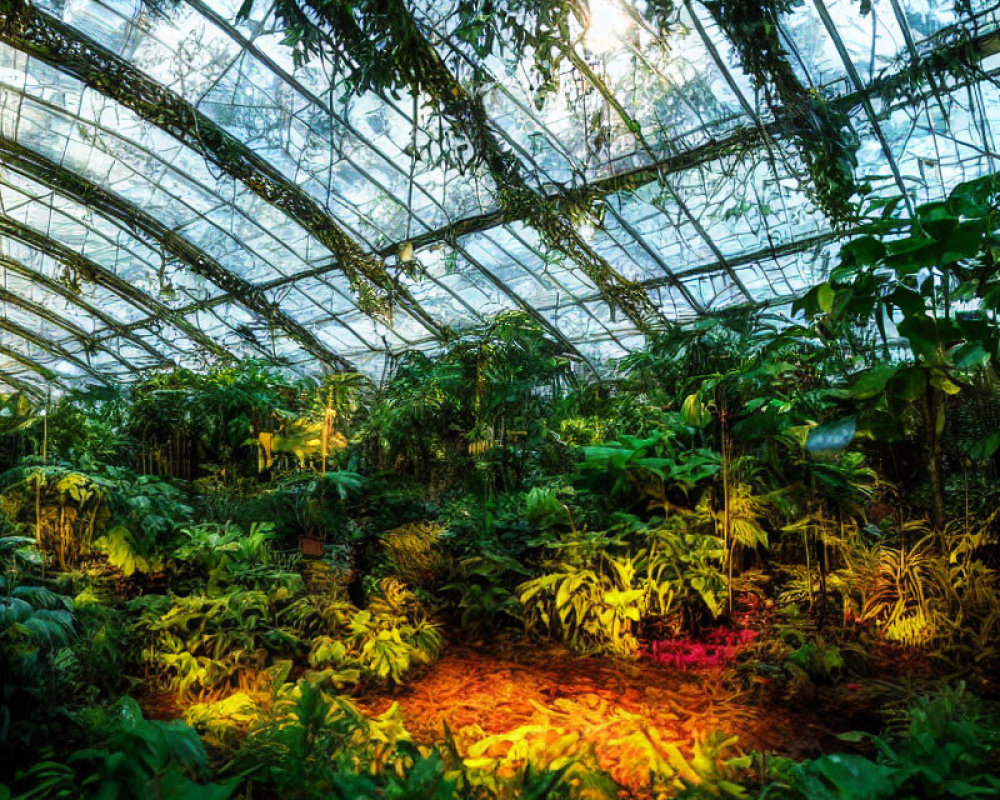 Curved glass roof over lush indoor tropical garden