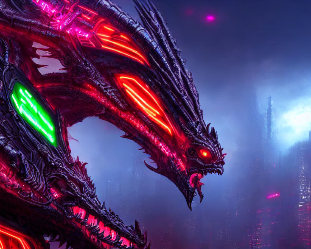 Cybernetic dragon in misty futuristic cityscape with glowing accents