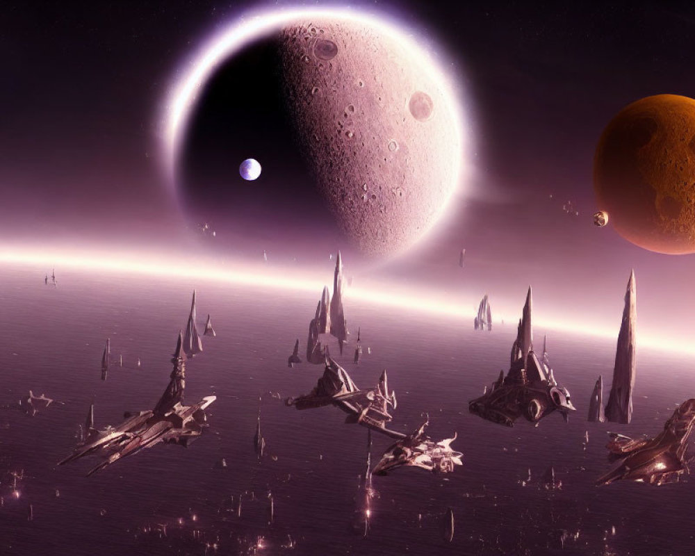 Futuristic spaceships above purple alien landscape