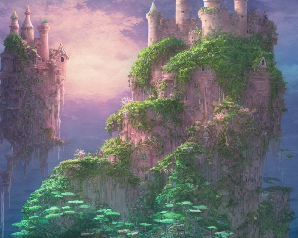 Fantastical castle on floating island surrounded by lush greenery at sunset