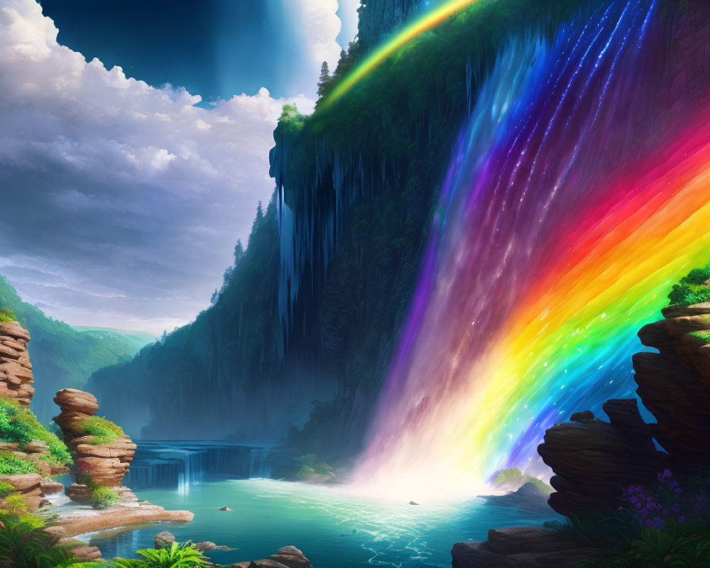 Vibrant digital artwork: mystical waterfall, rainbow, serene lake, lush greenery, rocky cliffs