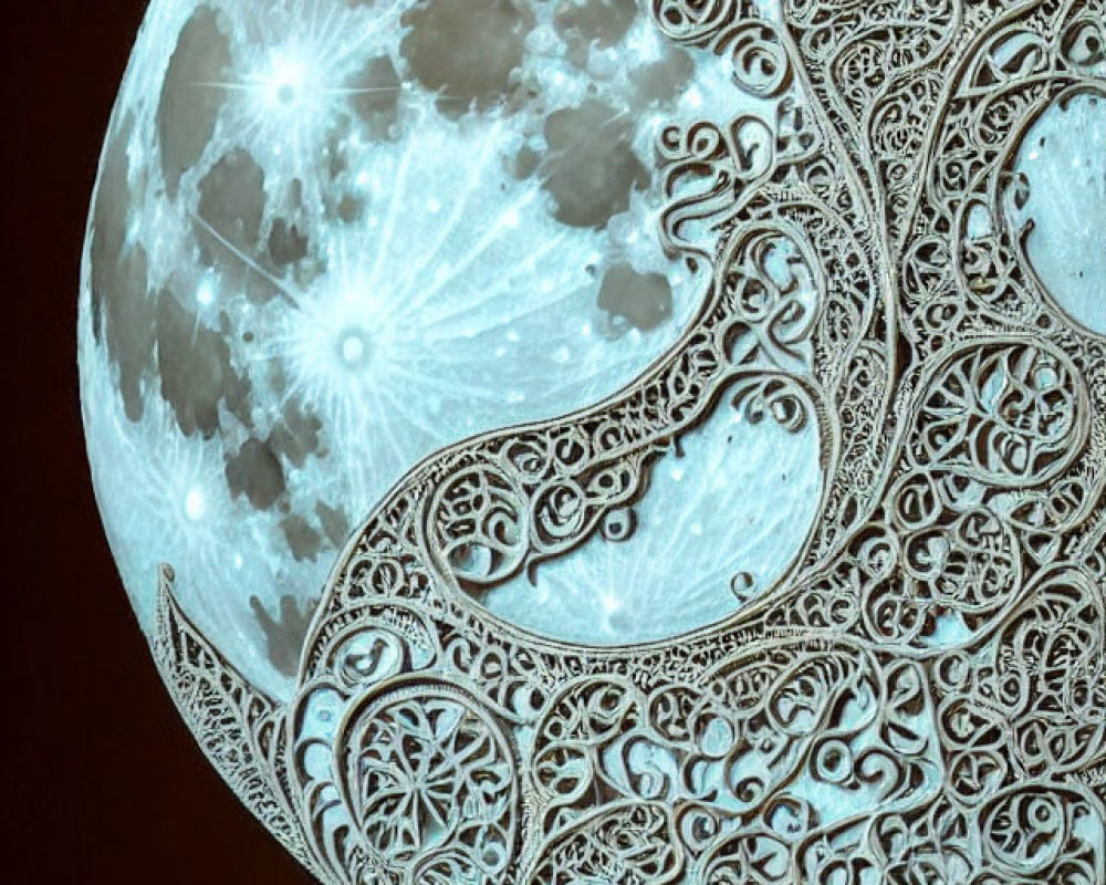 Intricate lace-like patterns on a detailed half-moon against a dark background