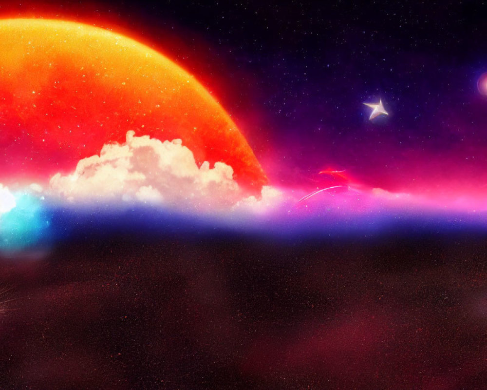 Colorful Fantasy Space Scene with Orange Planet & Nebula Clouds