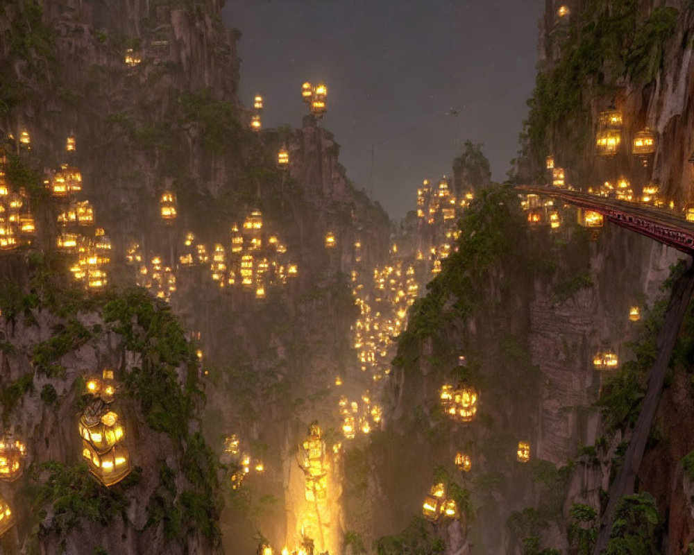 Fantasy Landscape with Illuminated Hanging Lanterns and Cliffside Paths