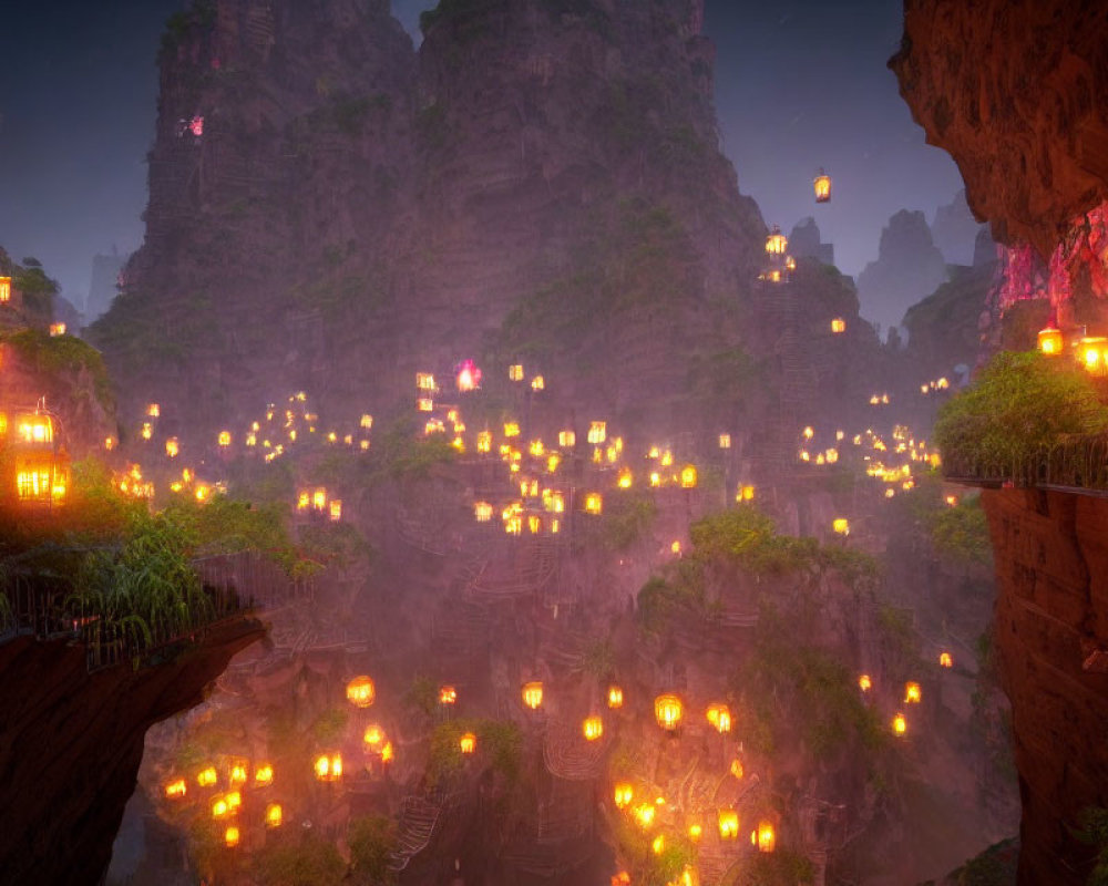 Mystical twilight canyon with floating lanterns & lush vegetation