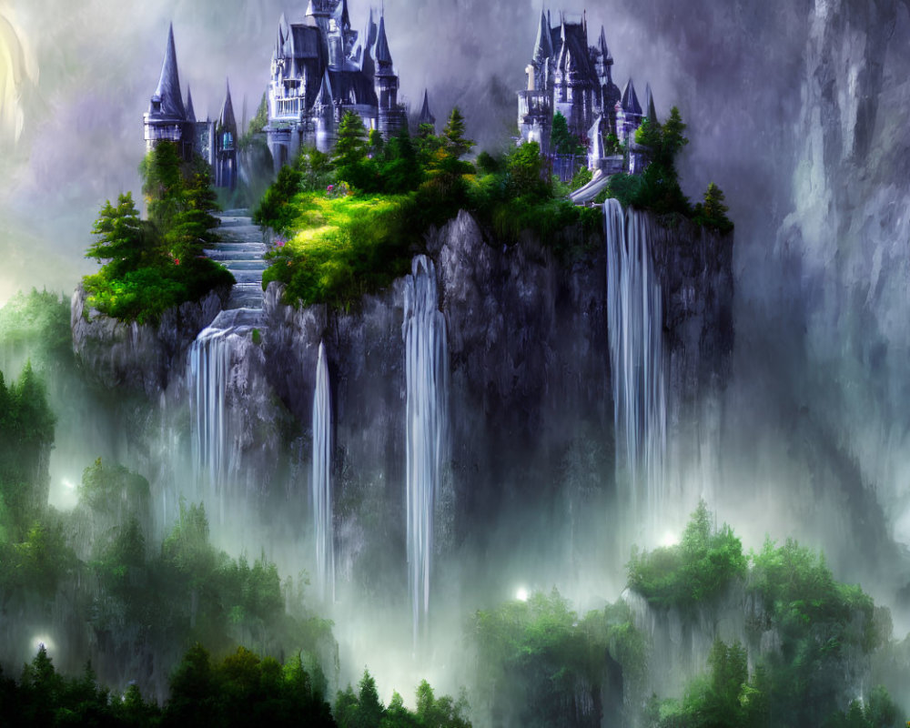 Mystical landscape with towering castles, waterfalls, greenery, and glowing moon