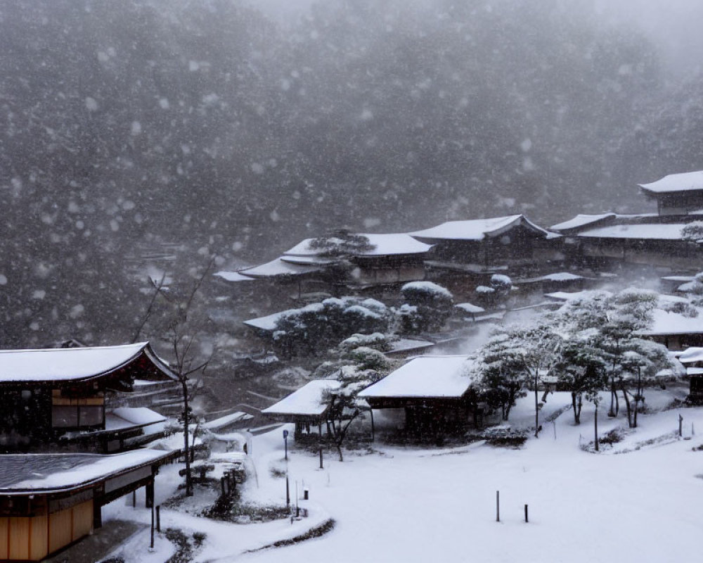 Snow-covered Asian-style buildings and gardens in heavy snowfall