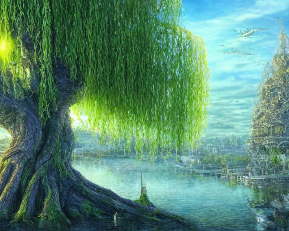 Ethereal fantasy landscape with weeping willow tree, tower, lake, and flying creatures