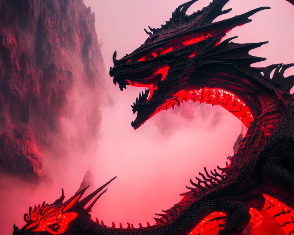 Black Dragon with Glowing Red Eyes in Misty Cliff Setting