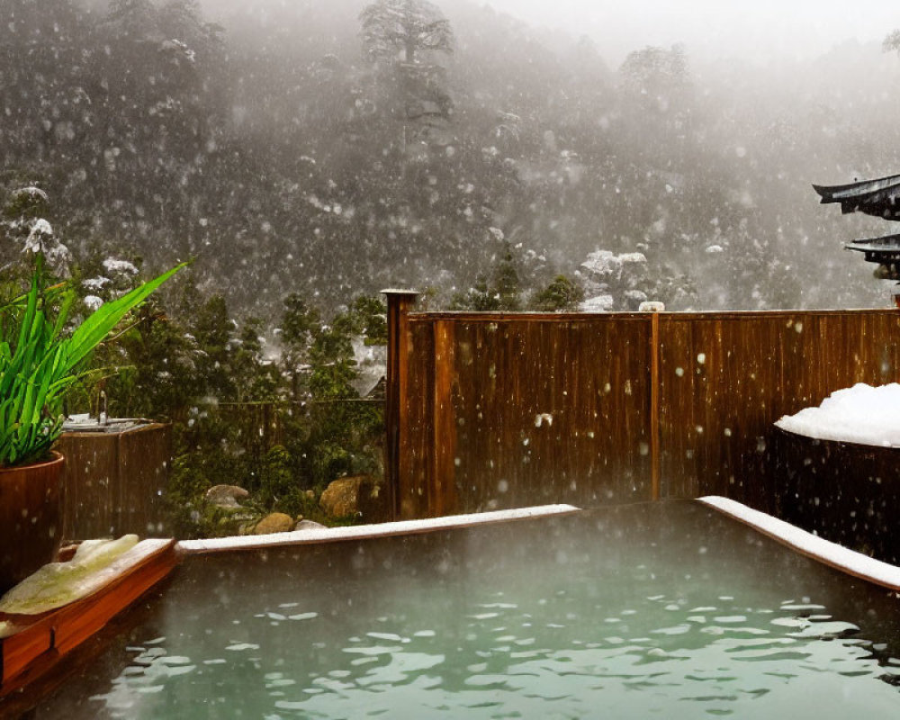 Tranquil snowfall over outdoor hot spring bath surrounded by wooden structures