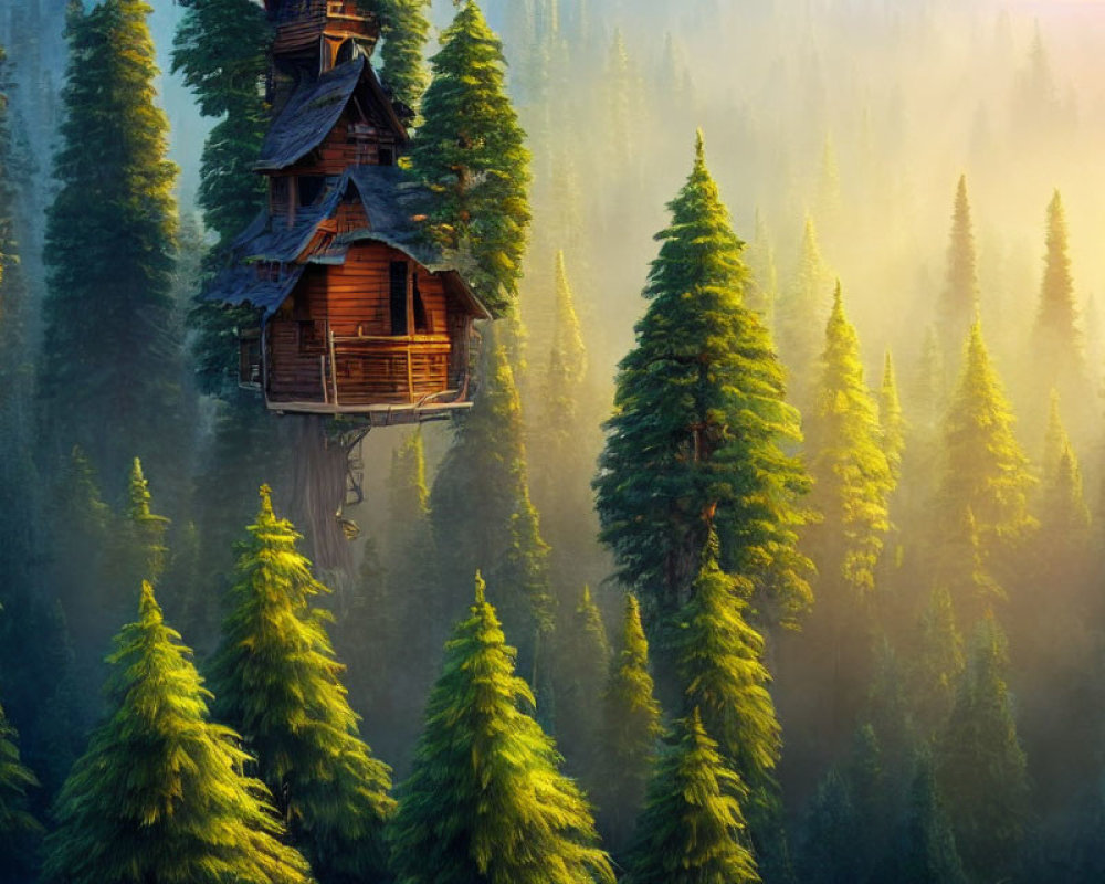 Cozy wooden treehouse in misty forest ambiance