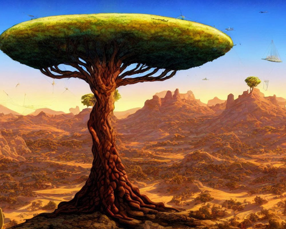 Gigantic tree on alien landscape with futuristic ships and rocky terrains