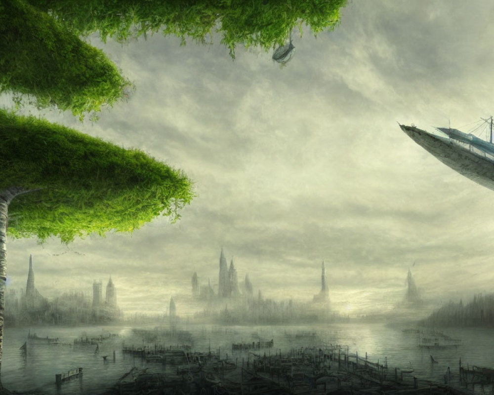 Surreal landscape with floating ships, misty waters, verdant trees, ethereal cityscape