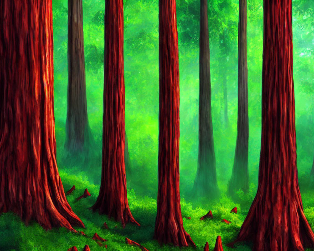 Lush enchanted forest with vibrant green foliage and towering red-barked trees