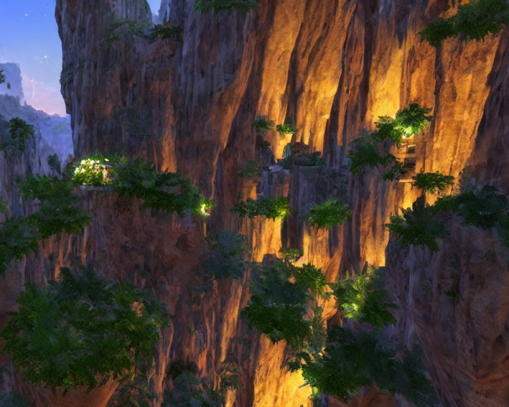 Scenic sunset view of lush greenery on towering cliff faces