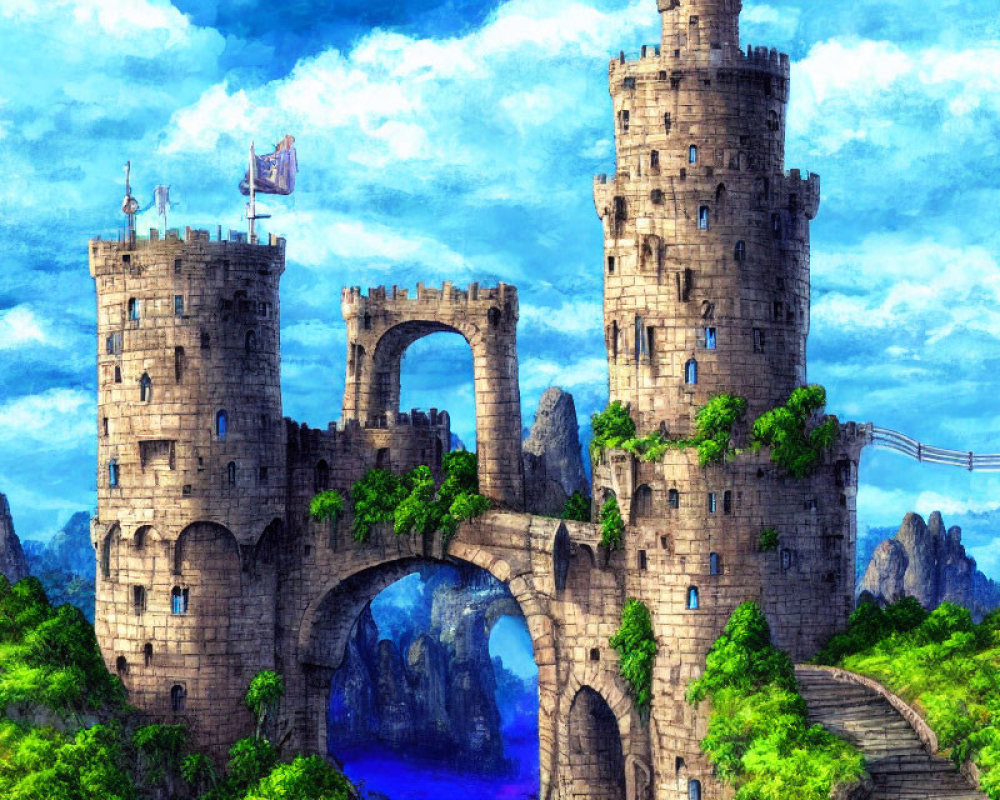 Digital artwork: Vibrant medieval stone castle with towers, gate, flags, cliffs, and clear skies