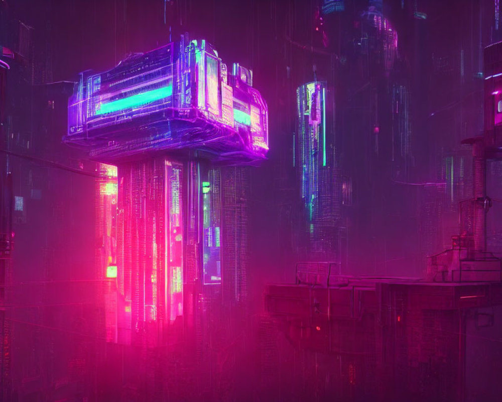 Futuristic neon-lit cityscape with towering skyscrapers at night