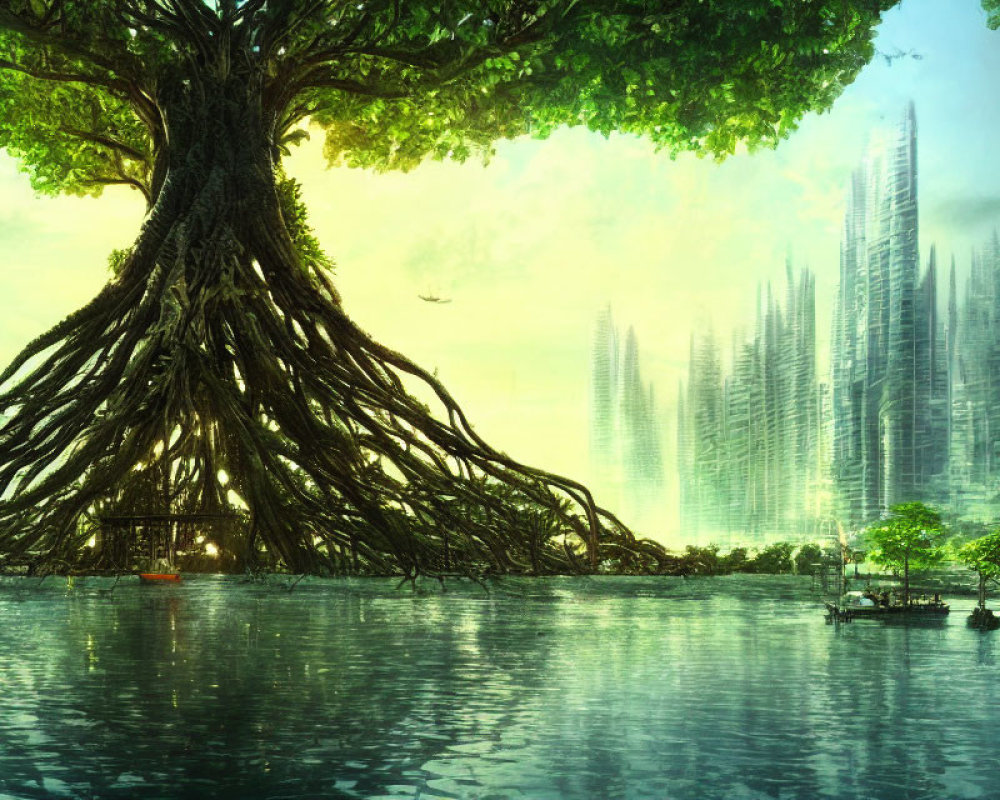 Large tree with extensive roots near serene lake and futuristic cityscape under bright sky