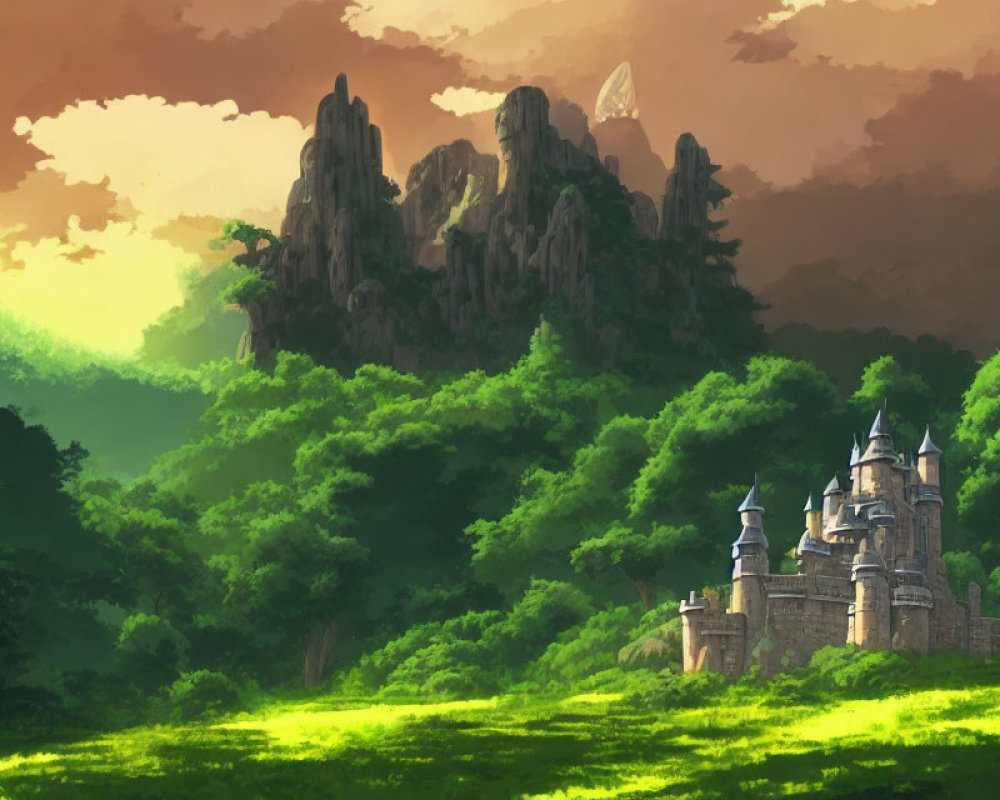 Castle in lush forest with rocky mountains under warm sky