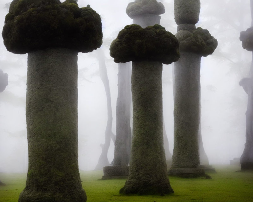 Moss-covered stone pillars in foggy forest