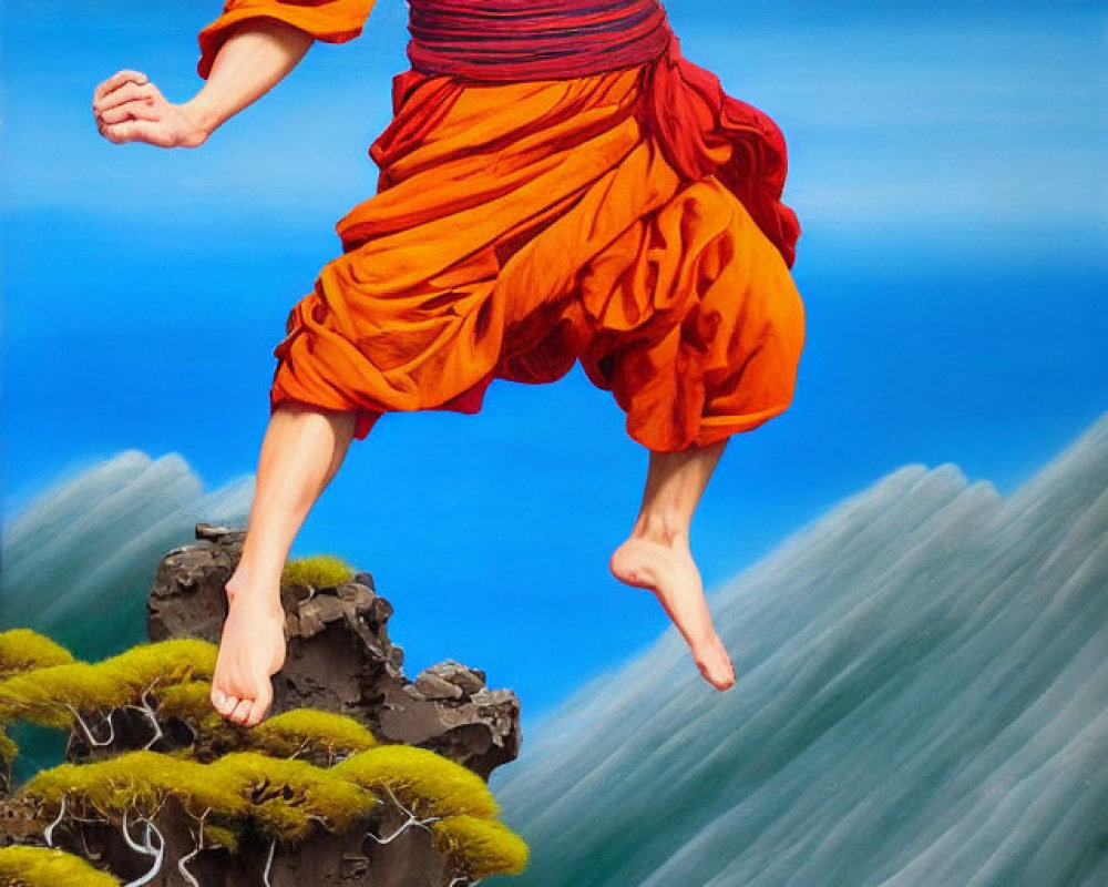 Monk in orange robes leaping over rocky cliffs with volcanic eruption.